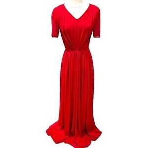 Red Chiffon V-Neck Pleated Short Sleeve Floor Length Gown